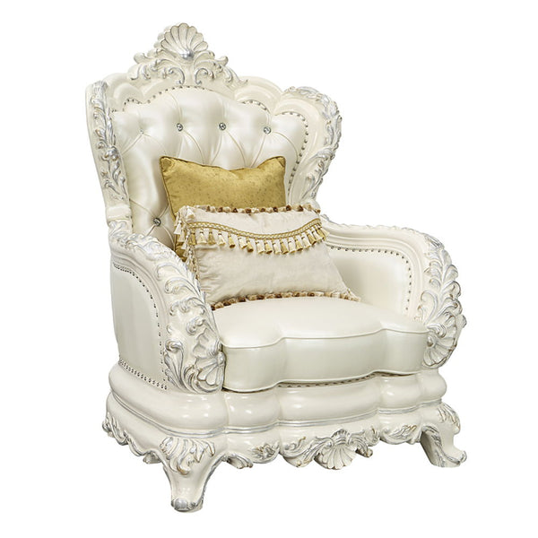 Adara Chair With 2 Pillows Pearl White Synthetic Leather & Antique White