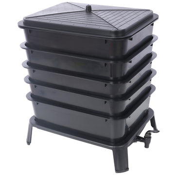 Eco Friendly 5 Layer Worm Compost Bin With 50L Capacity, Easy Setup Plastic Worm Farm Kit - Black