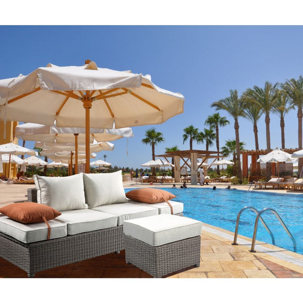 Salena Patio Sofa With 2 Pillows & Ottoman Beige Fabric & Gray Wicker