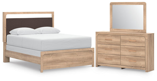 Kinlanni 3 Pc. Queen Upholstered Panel Bed, Dresser And Mirror Tan