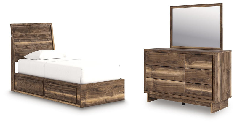 Chirason - 3 Pc. - Twin Panel Bed With Storage, Dresser And Mirror - Brown complete set