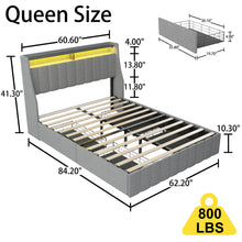 Queen Size Bed Frame With LED Lighting, Winged Headboard With Storage Drawers - Light Gray