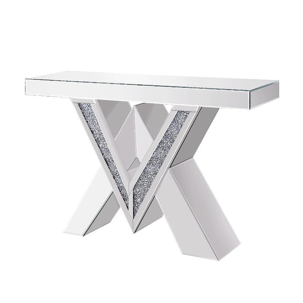 Noralie Console Table, "V" Shape Pedestal Mirrored & Faux Diamonds
