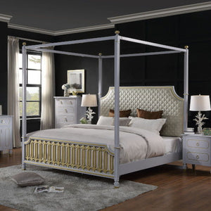 House - Marchese California King Bed - Beige PU, Gold & Pearl Gray Finish