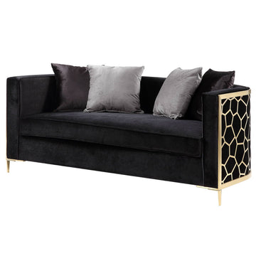 Fergal - Loveseat With 4 Pillows - Black Velvet & Gold