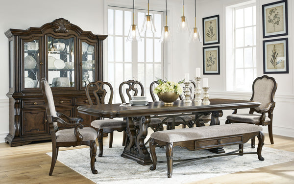 Maylee 9 Pc. Dining Extension Table, 4 Side Chairs, 2 Arm Chairs, Storage Bench, Buffet And Hutch Dark Brown