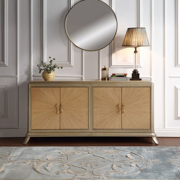 Dodie Console Cabinet Natural Oak Sunburst Pattern & Taupe Champaign