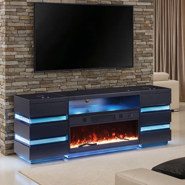 Terni 3 Pc TV Stand Set with Electric Fireplace & 2 Side Tables – Black