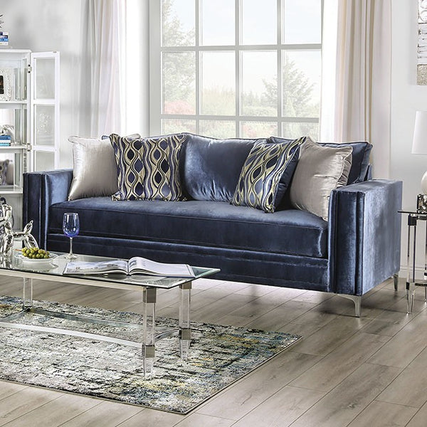Jodie Sofa & Loveseat Set – Satin Blue/Silver