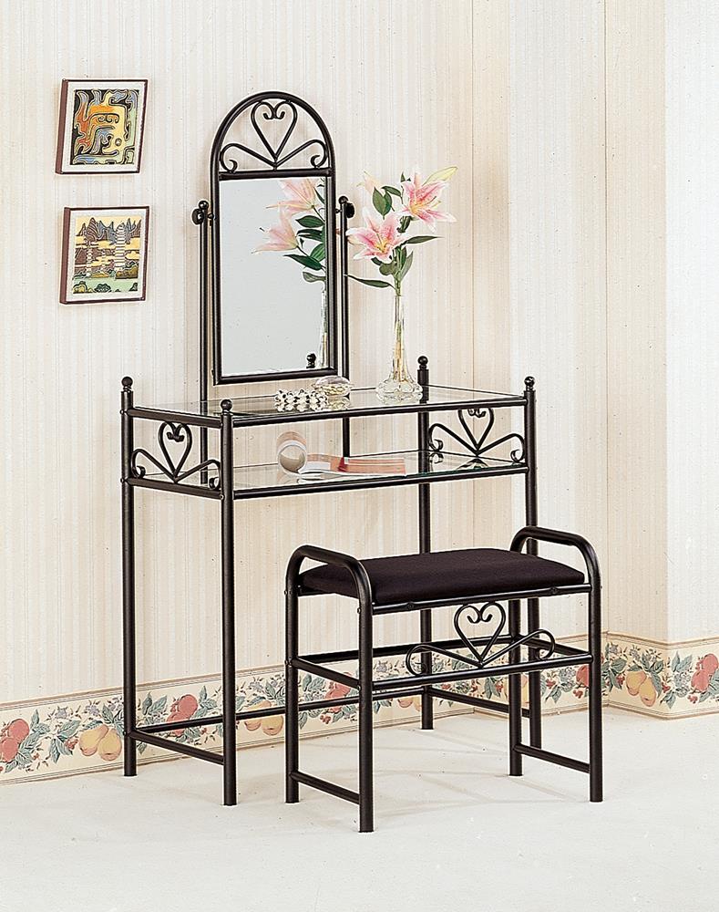 black metal dressing table mirror Agatha - 2-Piece Metal Vanity Set With Glass Top