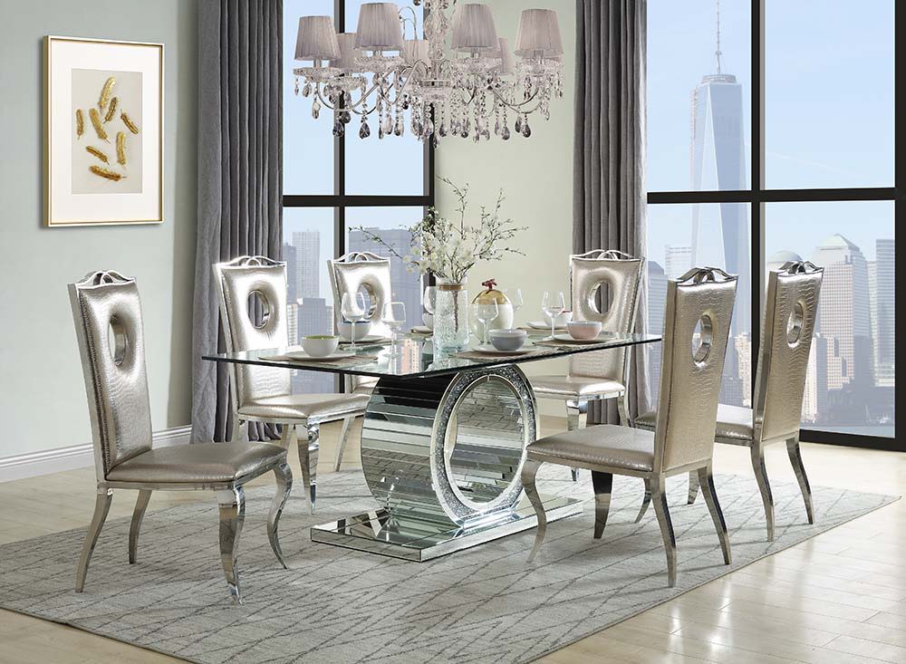 Noralie - Dining Table - Mirrored & Faux Diamonds - Glass - 30