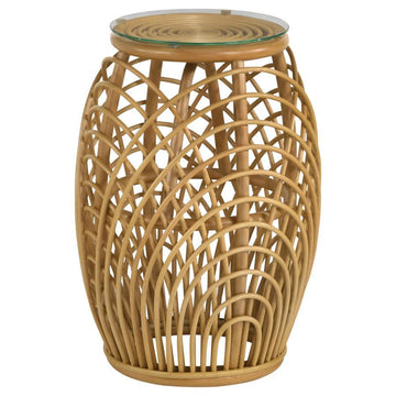 Dahlia - Round Glass Top Woven Rattan End Table - Natural