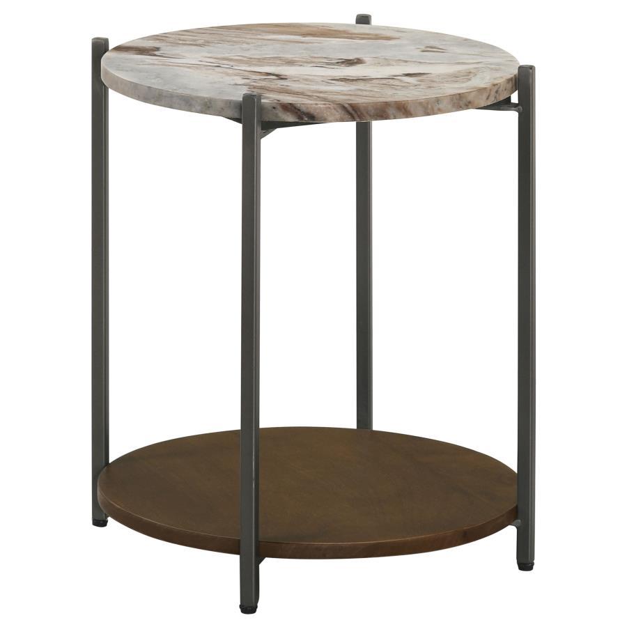 Noemie - Round Marble Top Accent Side Table - White And Gunmetal