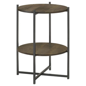 Axel - Round Accent Table With Open Shelf - Natural And Gunmetal